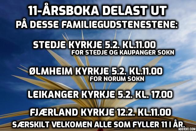 Foto av open bok med tekst - oversikt over kva gudstenester 11-årsbok vert delt ut på.